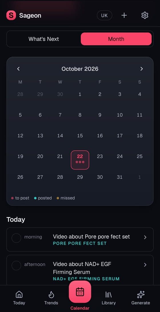 The Calendar screen: a month with a planned day marked, a to post, posted and missed key, and today's videos listed by time of day.