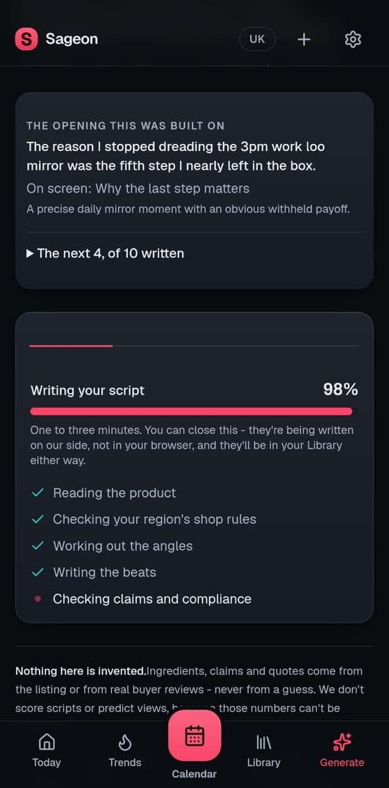 The Generate screen: the opening a script was built on, four more of the ten written, and the writing pass working through product, shop rules, angles, beats and compliance.