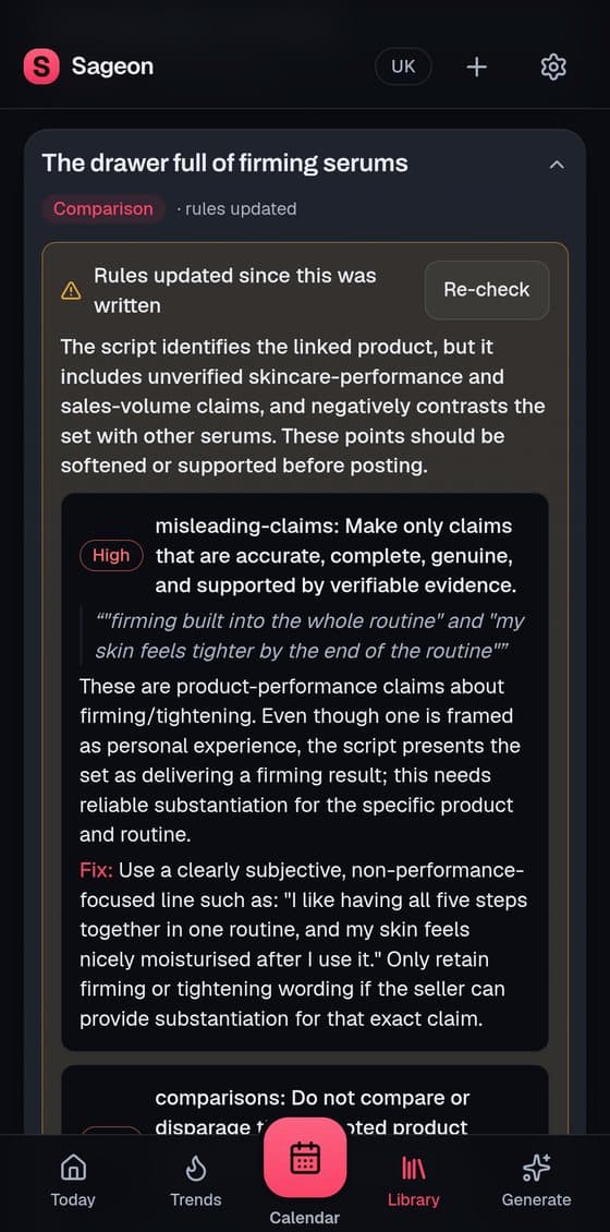 The Library screen: a saved script flagged because the rules were updated, with a high-severity misleading-claims finding, the exact lines quoted, and a written replacement.